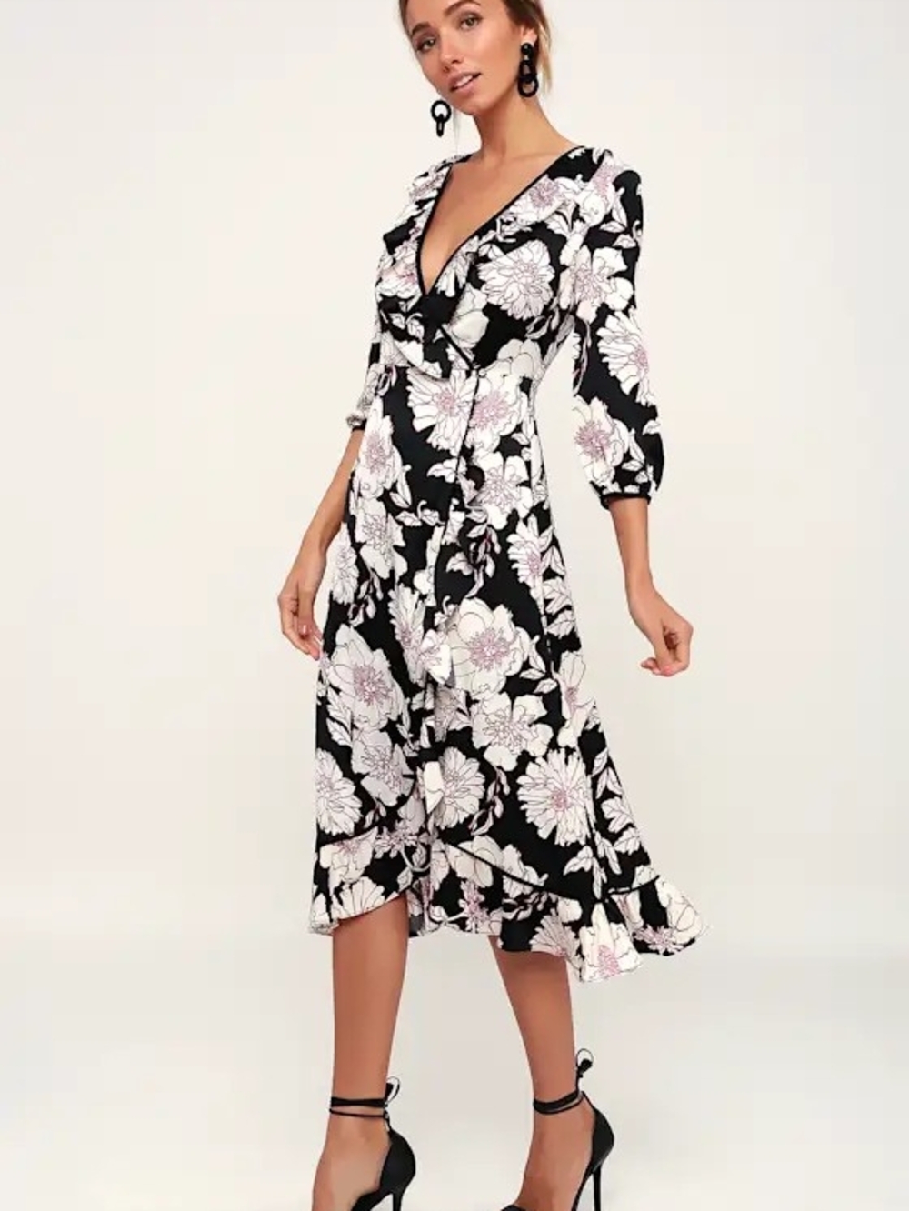 Lulus Thistle Prove My Love Black Floral Print Ruffled Wrap Midi Dress S Preppy